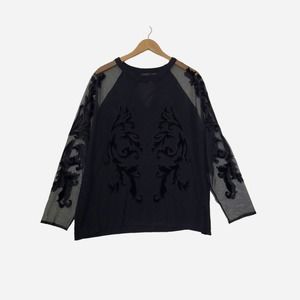 Colleen Lopez Sweater 2X Black Velvet Trim Lace Long Sleeve‎ Crewneck Pullover